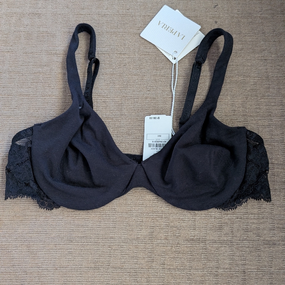 NWT 32C La Perla black underwire bra,  with stretch lace back and sides